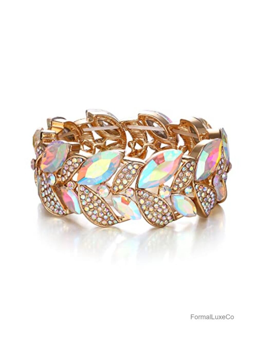 Crystal Leaf Stretch Bracelet Art Deco Marquise Rhinestone Party Prom Elastic